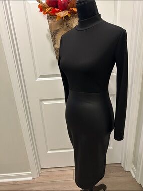 Black Long-Sleeve Midi Bodycon with lower Leather Dress S